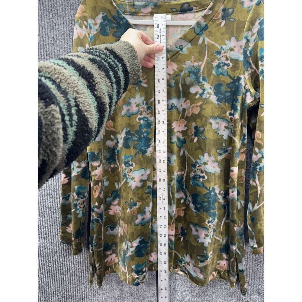J. Jill Pure Jill Tunic Top Medium Green Floral Velour Velvet V Neck Long Sleeve - Picture 7 of 9
